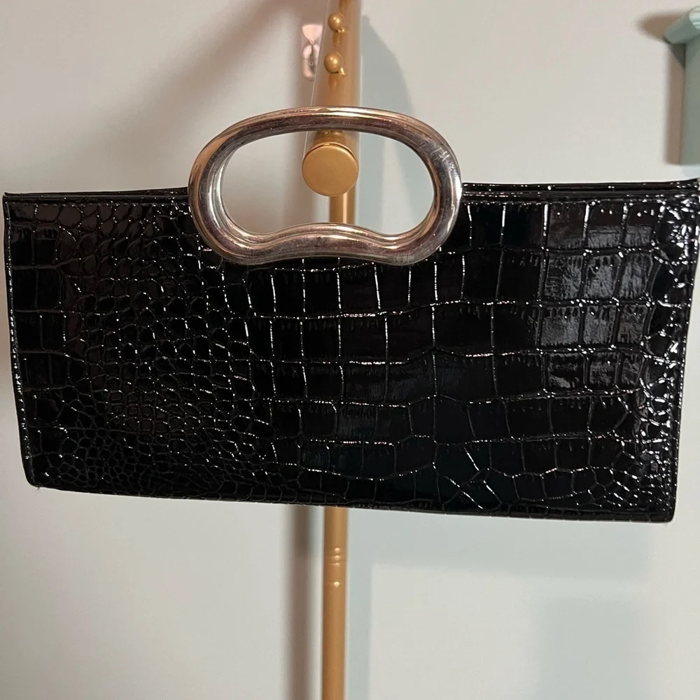 Giannini Black Crocodile-Embossed Clutch with Metallic Handle